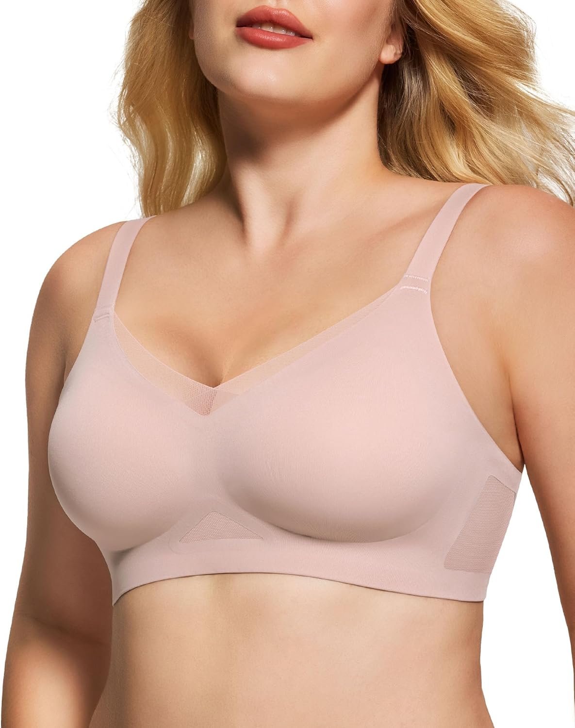 Womens Bra No Underwire Seamless Wireless Bra with Soft Support V Neck Mesh Bras Lace Bralette Everyday Bra