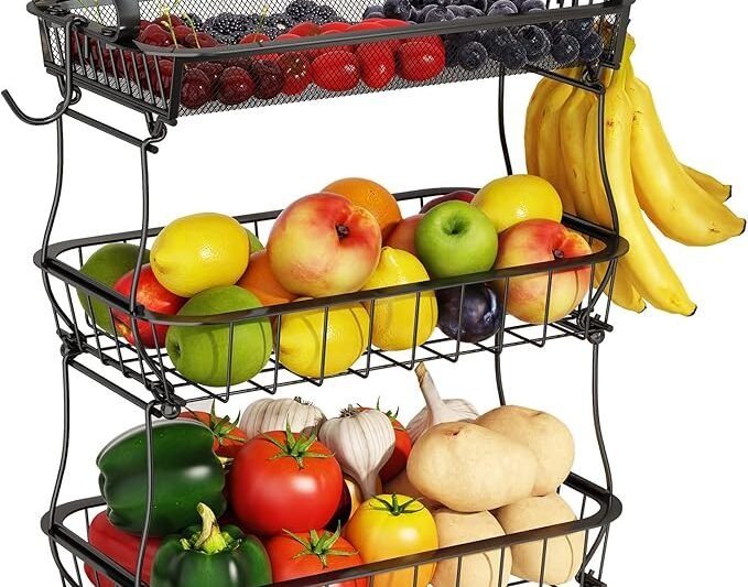 ANTOPY 3 Tier Fruit Basket with 2 Banana Hangers, Countertop Fruit Vegetable Basket Bowl for Kitchen Counter Metal Mesh Basket Fruits Stand Produce Holder Organizer for Onion Potato Bread Snack Veggie