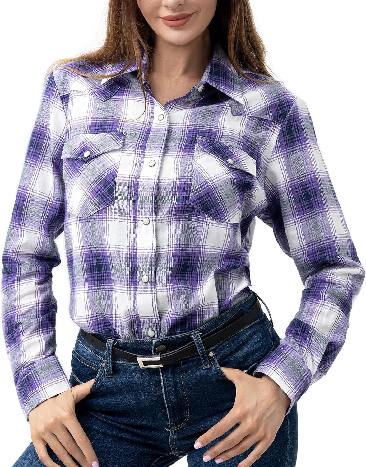 Western Shirts for Women Cotton Long Sleeve Shirts for Women with Snap Buttons Plaid Shirts for Women