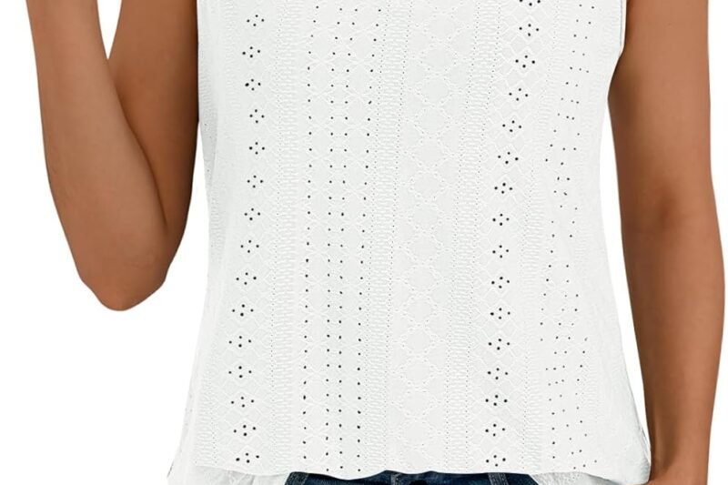 AUTOMET Women Summer Tank Top Eyelet Embroidery 2025 Vacation Sleeveless V Neck Loose Fit Shirt Spring Fashion Casual Clothes