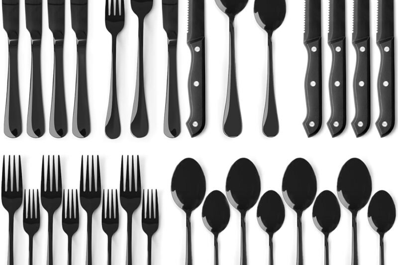 Astercook 24-Piece Black Silverware Set with Steak Knives Flatware Set for 4 Food-Grade Stainless Steel Cutlery Set Mirror Polished Utensils Set Include Spoons and Forks for Home Kitchen Restaurant