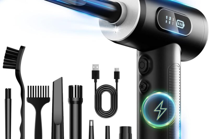 Compressed Air Duster-3 Gear Adjustable 100000RPM Electric Air Duster with LED Light, Rechargeable Cordless Air Blower for Keyboard Electric Devices Cleaning. Replaces Compressed Air Cans (Black)