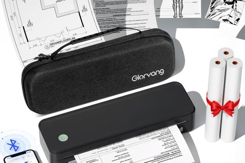 Inkless Portable Printer for Travel, Wireless Thermal Printer Supports 8.5 x 11 Inch Thermal Paper, Bluetooth Machine Includes Carry Case and 3 Rolls of Paper Kit, Black