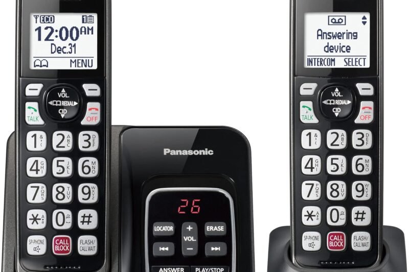 Panasonic Cordless Phone with Answering Machine, Advanced Call Block, Bilingual Caller ID and Easy to Read High-Contrast Display, Expandable System with 2 Handsets – KX-TGD832M (Metallic Black)