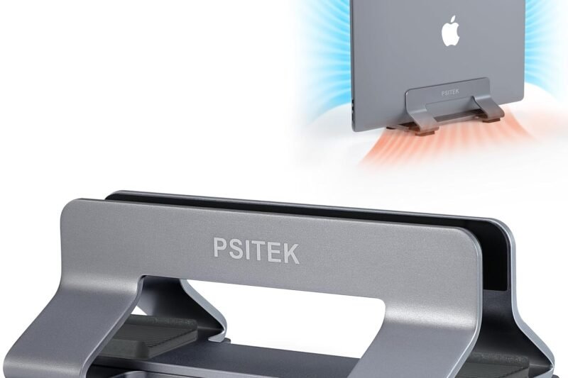 Aluminum Vertical Laptop Stand Dock Holder, Adjustable Slot Width 12-42mm, Space-Saving Upright Storage for MacBook and Laptops