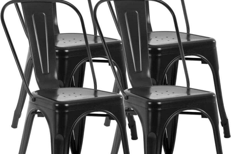 FDW | Metal Dining Chairs | Set of 4 | Black | Stackable Tolix Side Chairs with Backrest | Scratch-Resistant | Non-Slip Feet | Indoor/Outdoor Use | 330 lbs Capacity | for Kitchen & Restaurant