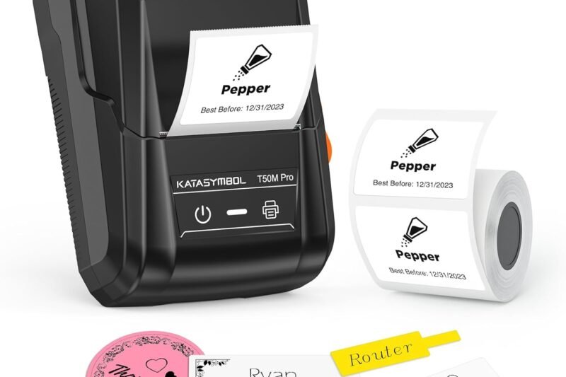 SUPVAN T50M Pro Bluetooth Label Maker Machine with Tape, Wide Waterproof Label, Versatile App with 40 Fonts and 450+ Icons, Inkless Labeler for Home, Kitchen, School, Office Organization, Black