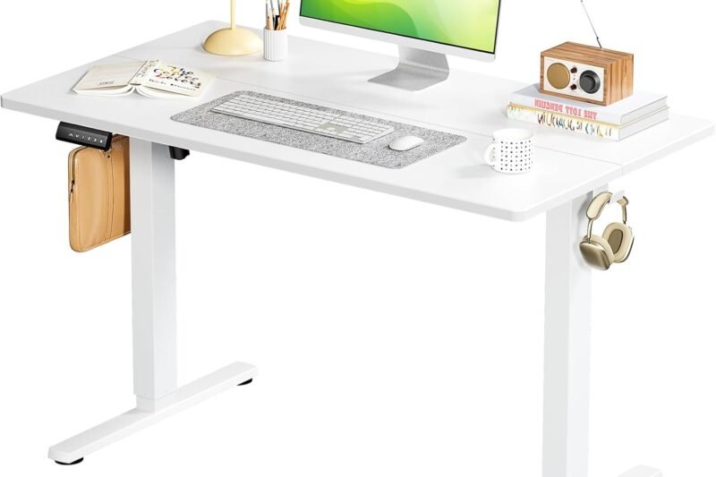 SMUG Standing Desk, Adjustable Height Electric Sit Stand Up Down Computer Table, 40×24 Inch Ergonomic Rising Modern Lift Motorized Gaming Desktop Workstation for Work Home Office, White