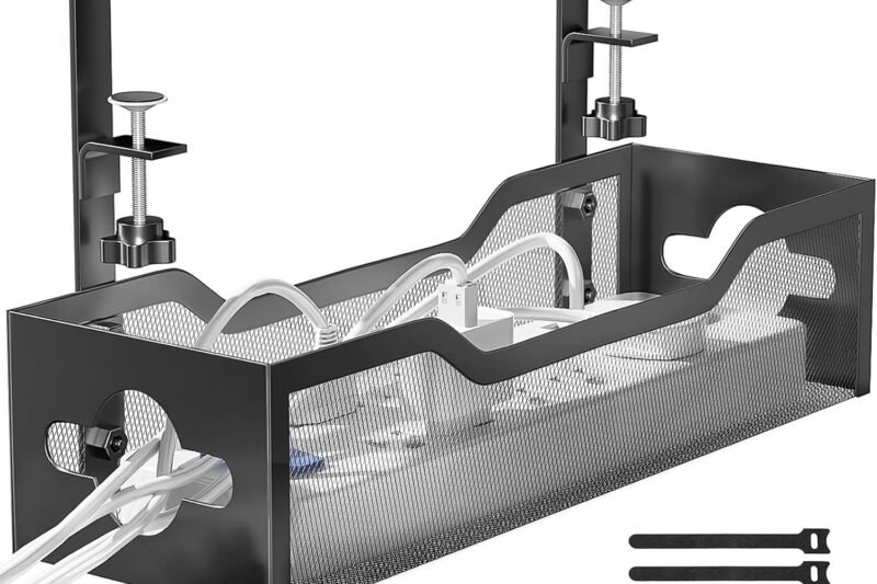 Under Desk Cable Management Tray No Drill, Metal Mesh Cable Management Under Desk with Clamp Mount, 2 Hole Cable Tray with Wire Management and Cord Organizer for Home Office Standing Desk