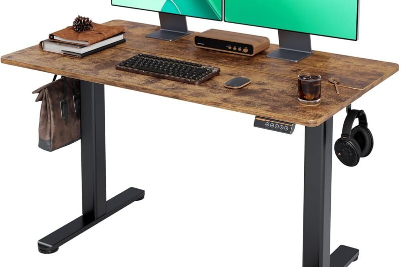 Claiks Electric Standing Desk, Adjustable Height Stand up Desk, 24×48 Inches Sit Stand Home Office Desk with Splice Board, Black Frame/Rustic Brown Top
