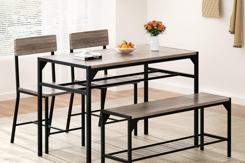Shintenchi Kitchen Table Chairs Set of 4, Dining Table Set for 4 with Bench and Chairs, 4 Pieces Kitchen Table Set with Storage Rack & Metal Frame for Small Space, Gray