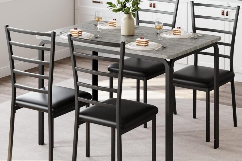 GarveeHome Kitchen Dining Room Table Chair Set for Small Space, Indoor Modern Dinette Set, Square Dinner Table Set for Dinette, Breakfast (Grey, Dining Table with 4 Chairs)