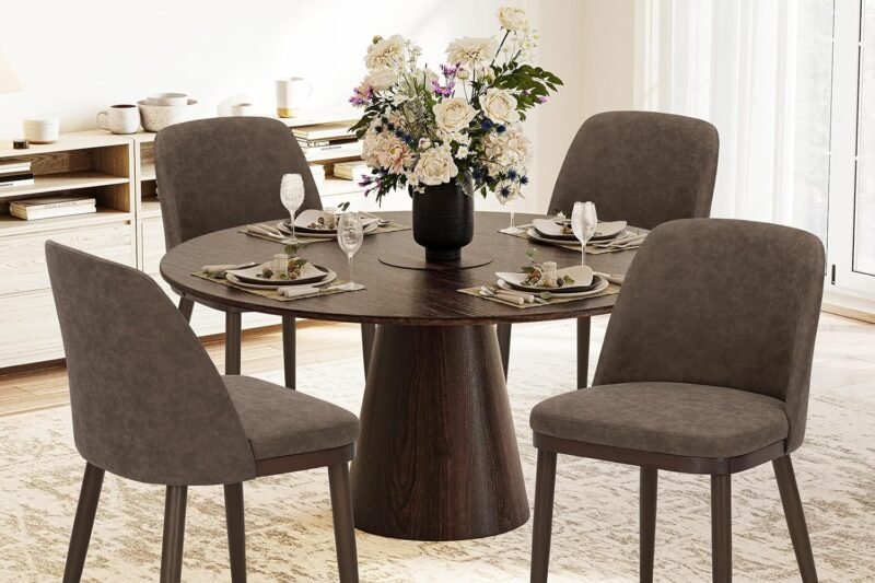 COLAMY Upholstered Dining Chairs Set of 4, Modern Kitchen Chairs with Back, Leather Side Dining Room Chairs with Wood Legs for Kitchen Dining Room Restaurant, Dark Brown