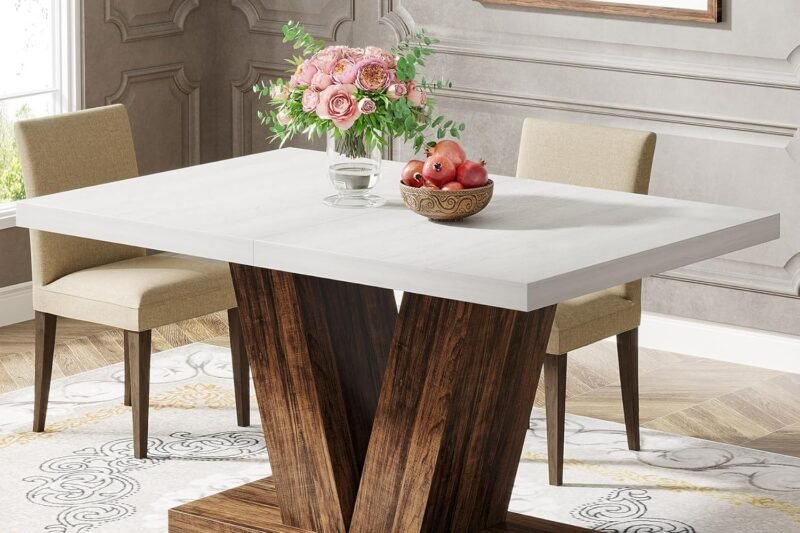Tribesigns 47-Inch Dining Table for 4, White Kitchen Dinner Table with Heavy Duty Pedestal, Farmhouse Wooden Eating Table for Home, Dining Room, Small Space, White & Brown
