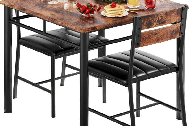 IRONCK Dining Table Set for 2, Small Kitchen Table with Upholstered Chairs Dinning Table Set for Kitchen & Dining Room, Compact Dining Set for Small Spaces, Rustic Brown