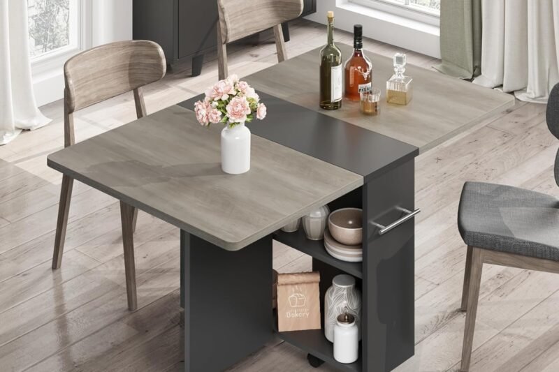 Space Saving Folding Dining Table with 2 Tier Storage-Extendable Drop Leaf Farmhouse Kitchen Dining Room Tables Set for 4, Collapsible Expandable Rectangle (Carlo Grey, 47.2″D x 23.6″W x 29.5″H)