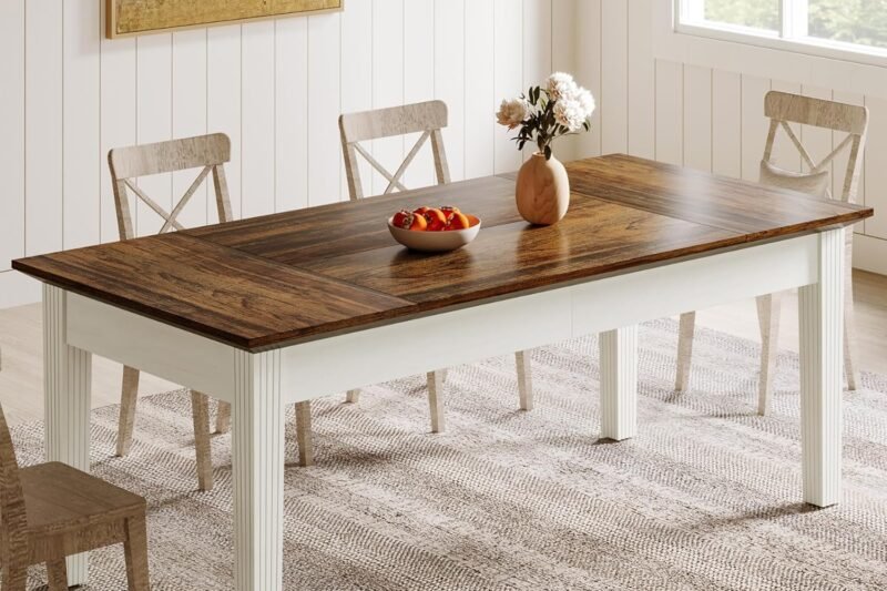 Tribesigns Dining Table for 4-6 People, 62-Inch Rectangular Kitchen Table with Solid Wood Legs, Modern Farmhouse Dinner Table for Dining Room, Kitchen, Living Room, Rustic Brown & Cream White