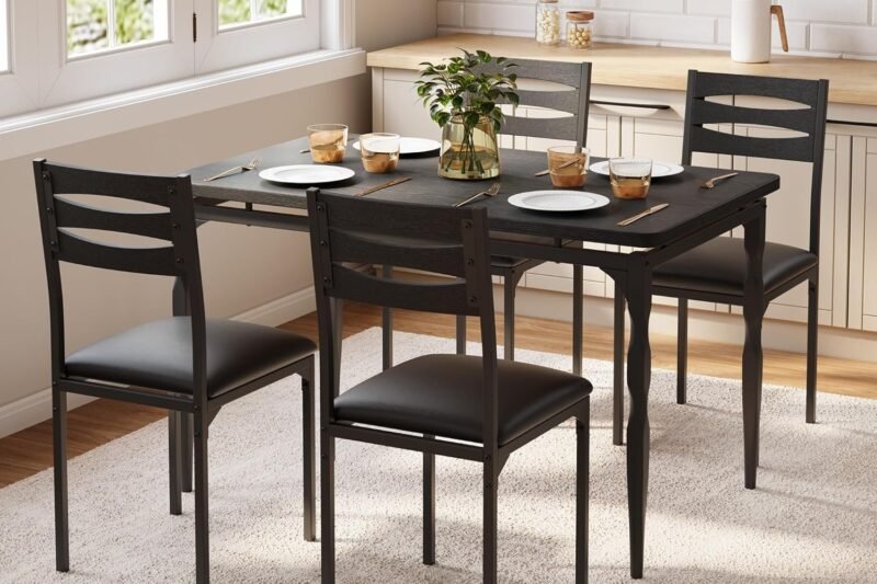 GarveeHome 5 Piece Dining Table Set, Industrial Style Dining Table and Chairs Set for 4, Kitchen Table Set for Dining Room Kitchen Apartment, Black