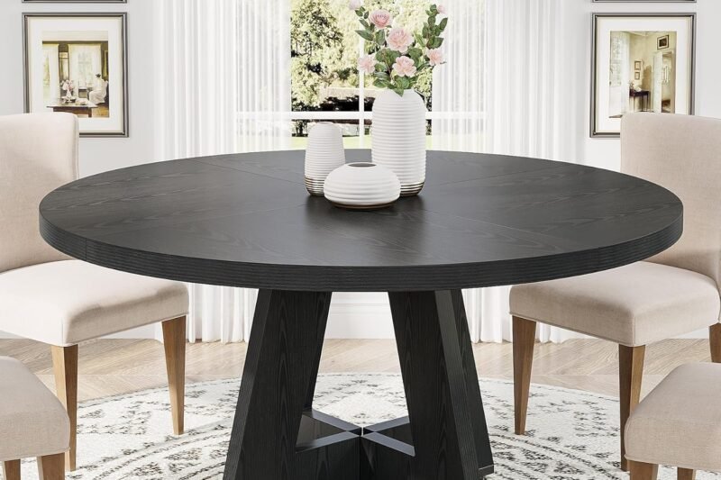 Tribesigns Round Dining Table Wood Kitchen Table for Dining Room, 47 in Dinning Room Tables for 4 Man, Farmhouse Dinner Table with Wooden Tabletop and Cross Base, Black
