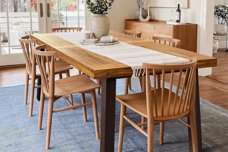 Devoko Home Acacia Wood Dining Table 6-Person Indoor Outdoor Table with Iron Legs, Sandblast Finish, Natural Stained, Rustic Metal, 69 * 33 * 30 inch (Natural)