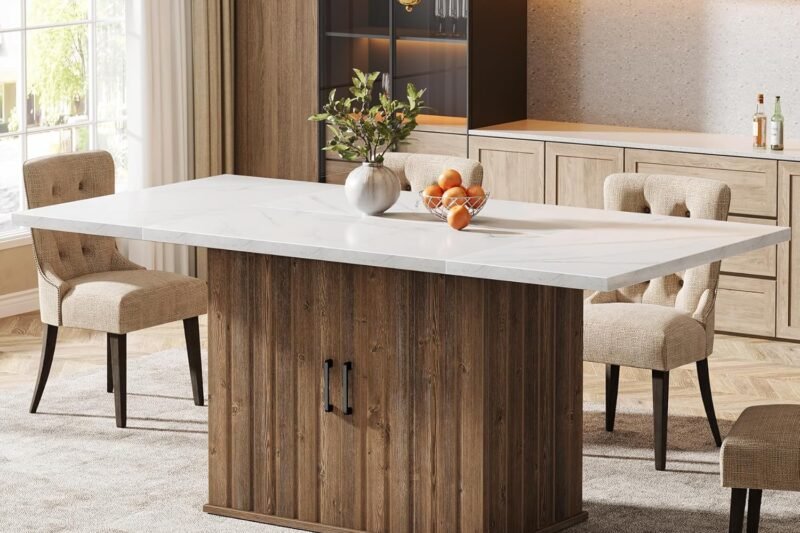 Tribesigns 63″ Dinning Table for 4-6, Modern Rectangular Kitchen Table with Storage Cabinet, Dining Room Furniture with Faux Marble Tabletop, for Kitchen, Living Room, White & Brown