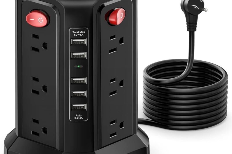 Surge Protector Power Strip Tower with 5 USB Ports and Night Light,10FT Extension Cord with 12 AC Multiple Outlets, PASSUS Power Tower Overload Protection for Home Office Dorm Room Essentials(Black)