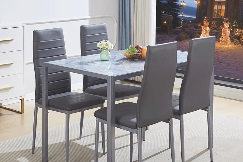 Gray Dining Table Set for 4, 5 Piece Kitchen Table and Chairs for Up to 110 Combinations, Compact Space-Saving w/Tempered Glass Tabletop and 4 Upholstered Chairs