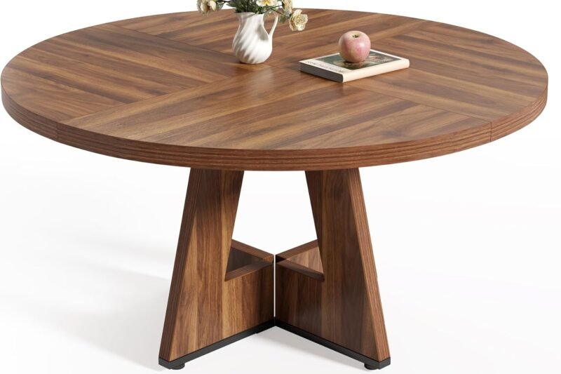 LITTLE TREE Round Dining Table for 4-6 People, 47 Inches Dining Room Table with Wooden Pedestal Base, Brown Dinner Tables, Circle Kitchen Tables for Dining Room, Kitchen, Living Room(Table Only)