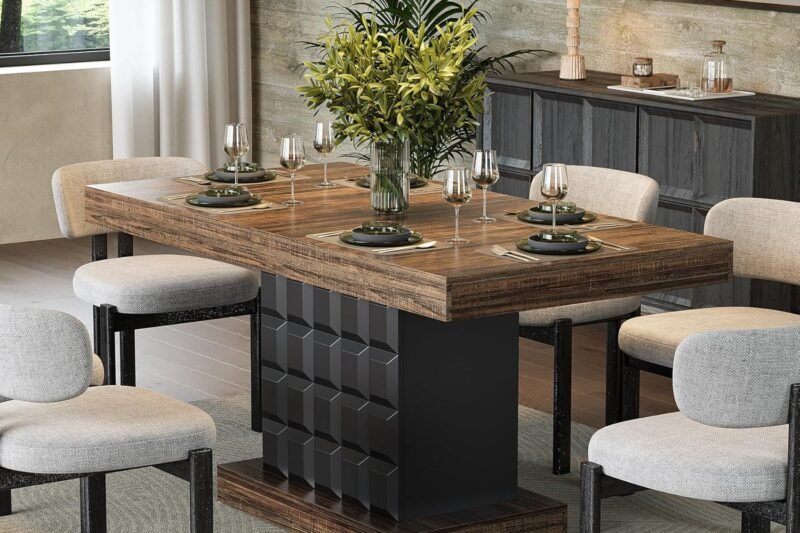 LITTLE TREE 63″ Modern Dining Table, Rectangular Dinner Table for 4-6, Farmhouse Kitchen Table, Sturdy Wood Pedestal Base for Kitchen/Dining Room, Rustic Brown & Black