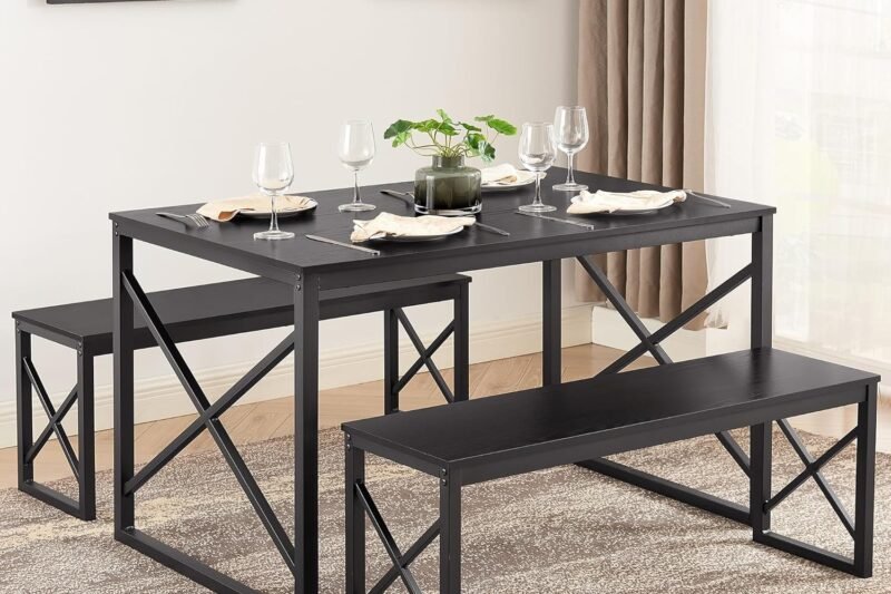 VECELO Kitchen Table with 2 Benches for 4, Wood Dining Room Dinette Sets with Metal Frame for Breakfast Nook and Small Space, Black