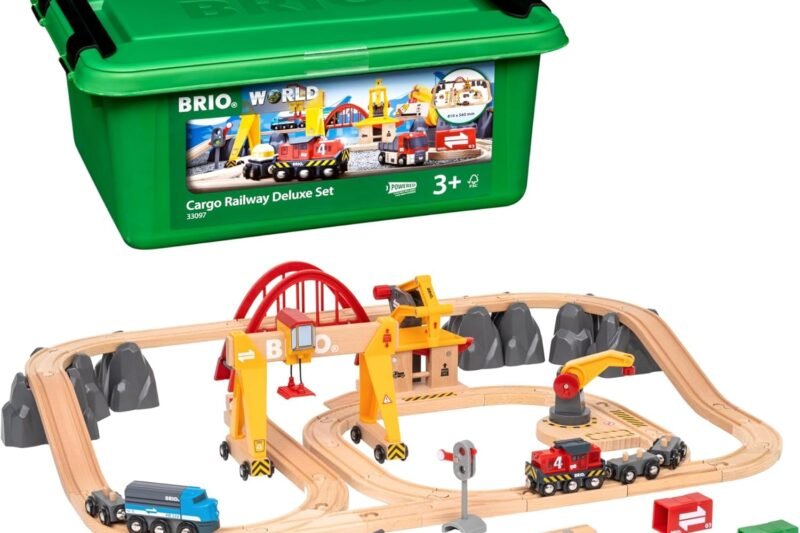 BRIO World Cargo Railway Deluxe – Wooden Track Train Set – Battery-Powered Engine, 3 Cranes, Bridge, Truck – Kids Ages 3+ – Compatible with All Wooden Rail Sets – FSC Certified Wood – 54-Pieces