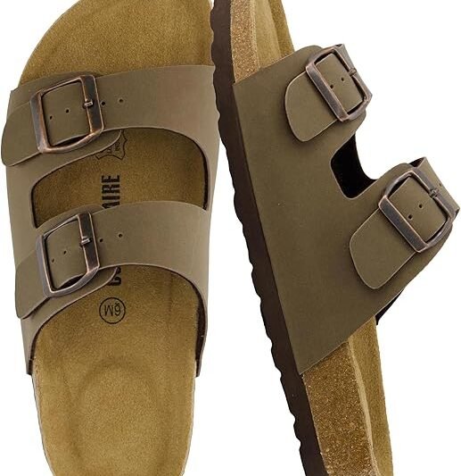 CUSHIONAIRE Lane Cork Footbed Sandals for Women – Comfortable Double Buckle Slip-On with Genuine Suede Footbed & Arch Support Slides for Women Footwear
