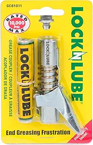 LockNLube Grease Gun Coupler locks onto Zerk fittings. Grease goes in, not on the machine. World’s best-selling original locking grease coupler. Rated 10,000 PSI. Long-lasting rebuildable tool.