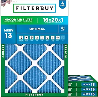 Filterbuy 16x20x1 Air Filter MERV 13 Optimal Smoke & Allergy Defense (4-Pack), Electrostatic Pleated HVAC AC Furnace Filters Replacement, Made in USA (Actual Size: 15.50 x 19.50 x 0.75)